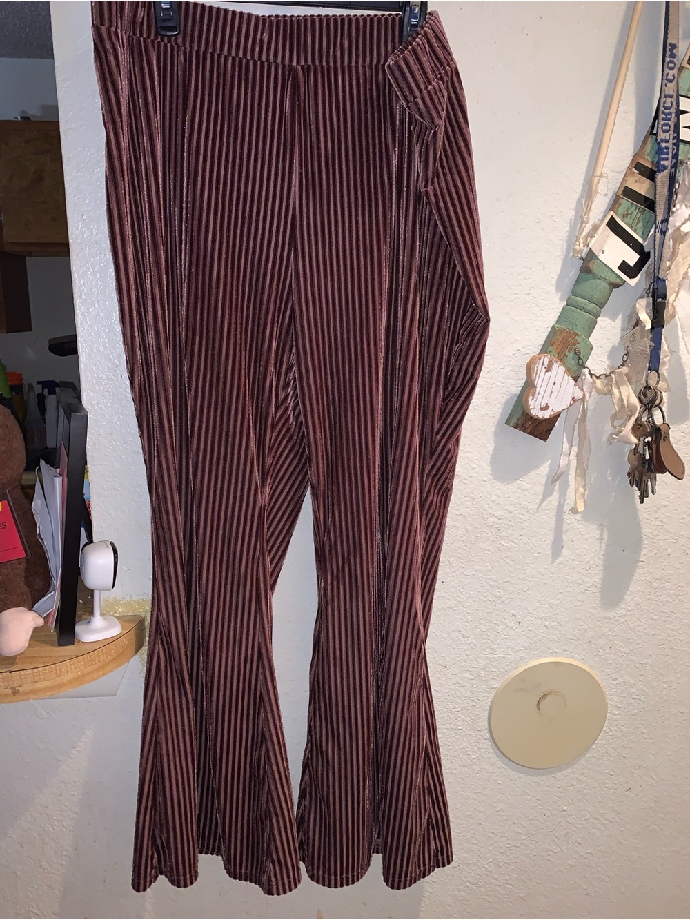 SHEIN Brown Velvet Striped Flare Pants